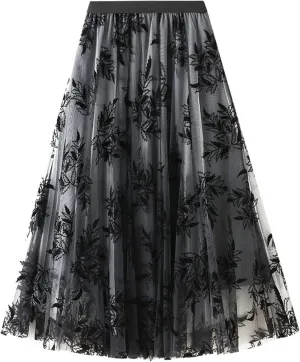 Women's Midi Tutu Tulle Layered Skirt Mesh A-Line Flocking Fairy Elastic Waist Maxi Hem Mesh Skirt