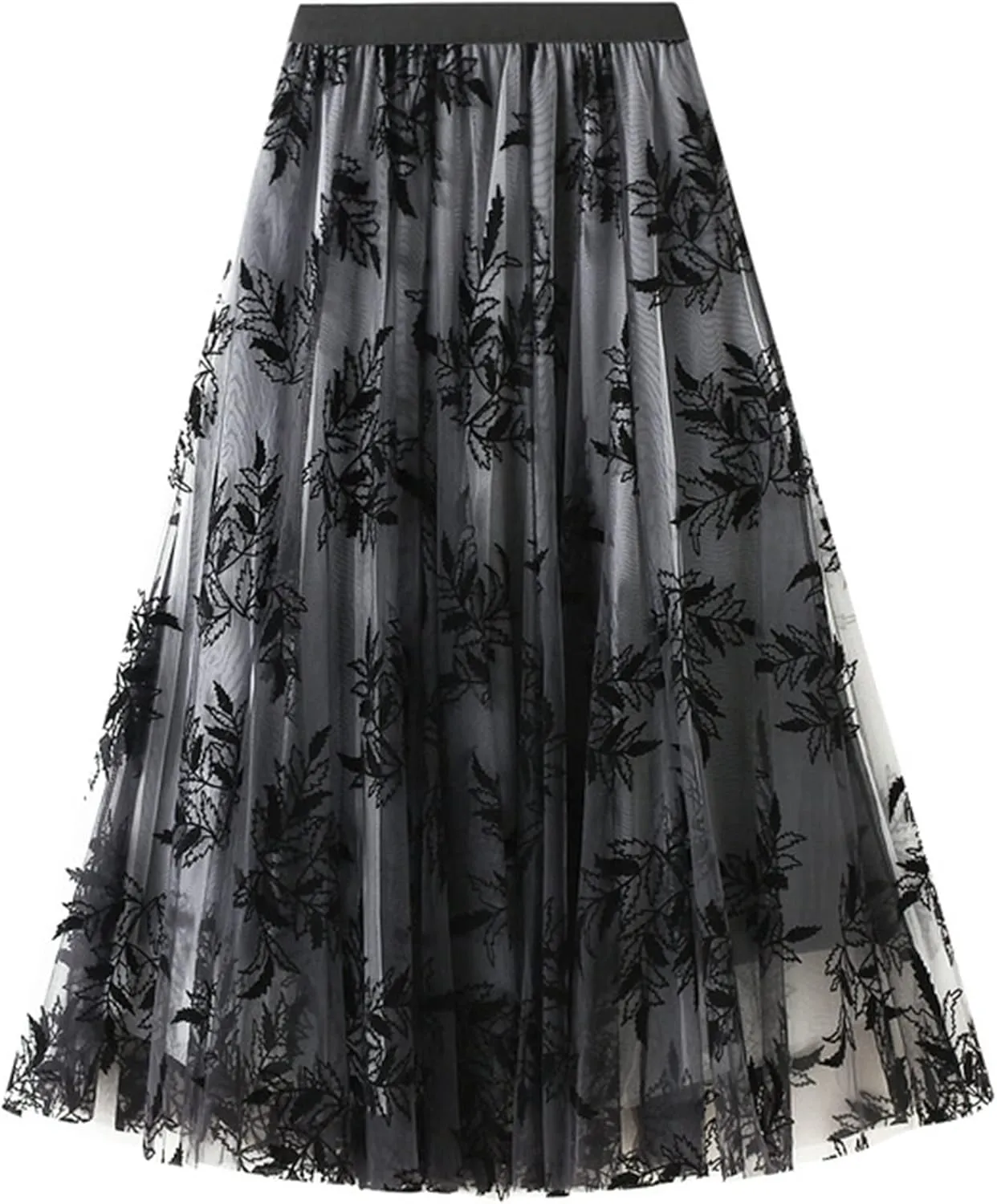 Women's Midi Tutu Tulle Layered Skirt Mesh A-Line Flocking Fairy Elastic Waist Maxi Hem Mesh Skirt