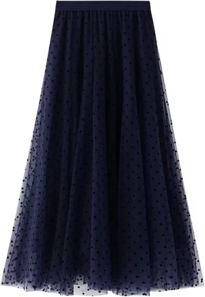 Women's Midi Tutu Tulle Layered Skirt Mesh A-Line Flocking Fairy Elastic Waist Maxi Hem Mesh Skirt