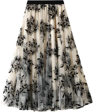 Women's Midi Tutu Tulle Layered Skirt Mesh A-Line Flocking Fairy Elastic Waist Maxi Hem Mesh Skirt