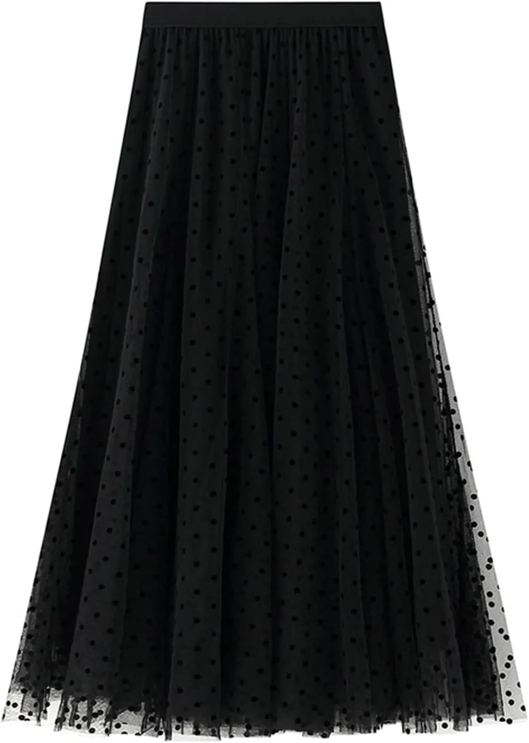 Women's Midi Tutu Tulle Layered Skirt Mesh A-Line Flocking Fairy Elastic Waist Maxi Hem Mesh Skirt
