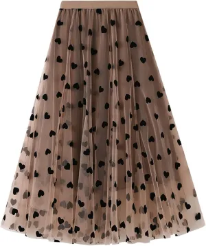Women's Midi Tutu Tulle Layered Skirt Mesh A-Line Flocking Fairy Elastic Waist Maxi Hem Mesh Skirt