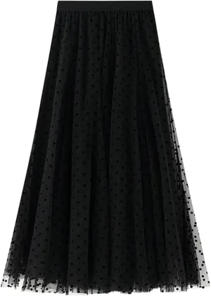 Women's Midi Tutu Tulle Layered Skirt Mesh A-Line Flocking Fairy Elastic Waist Maxi Hem Mesh Skirt