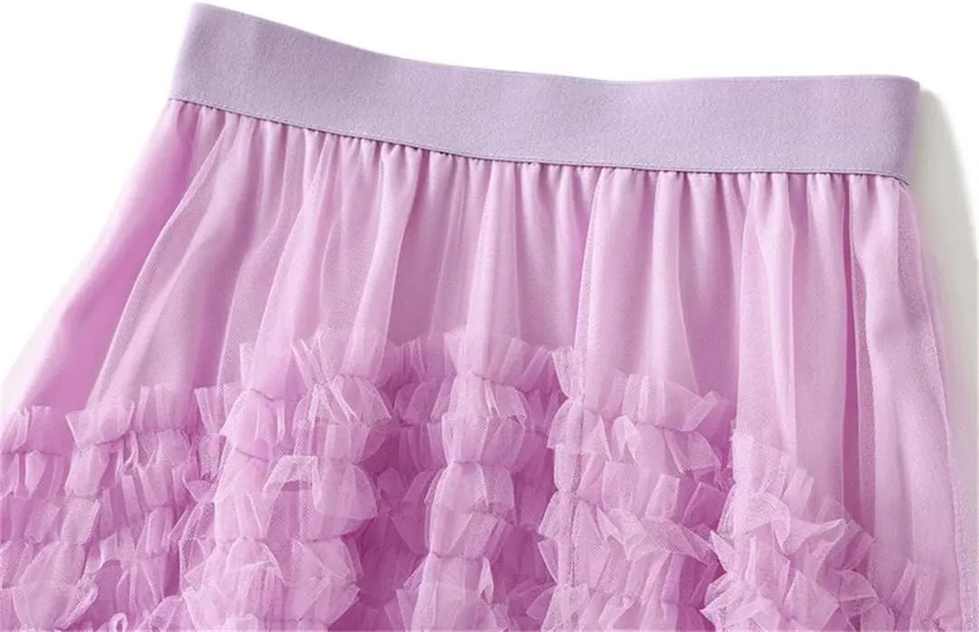 Women's Patchwork Mesh Skirt Elastic High Waist Solid Color Irregular Mesh Pleated Midi Skirts