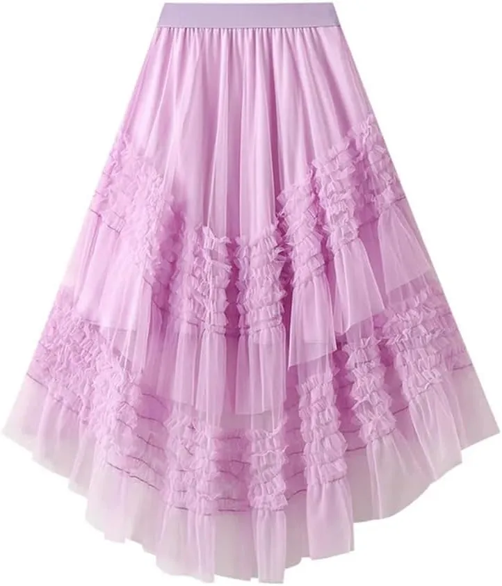 Women's Patchwork Mesh Skirt Elastic High Waist Solid Color Irregular Mesh Pleated Midi Skirts