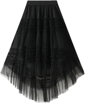 Women's Patchwork Mesh Skirt Elastic High Waist Solid Color Irregular Mesh Pleated Midi Skirts