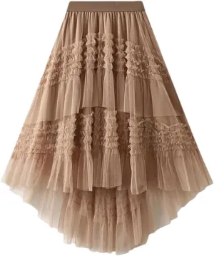 Women's Patchwork Mesh Skirt Elastic High Waist Solid Color Irregular Mesh Pleated Midi Skirts
