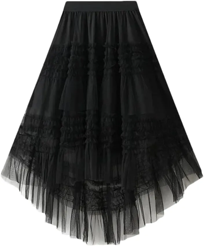 Women's Patchwork Mesh Skirt Elastic High Waist Solid Color Irregular Mesh Pleated Midi Skirts