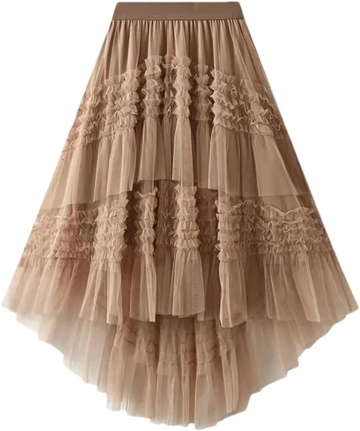 Women's Patchwork Mesh Skirt Elastic High Waist Solid Color Irregular Mesh Pleated Midi Skirts