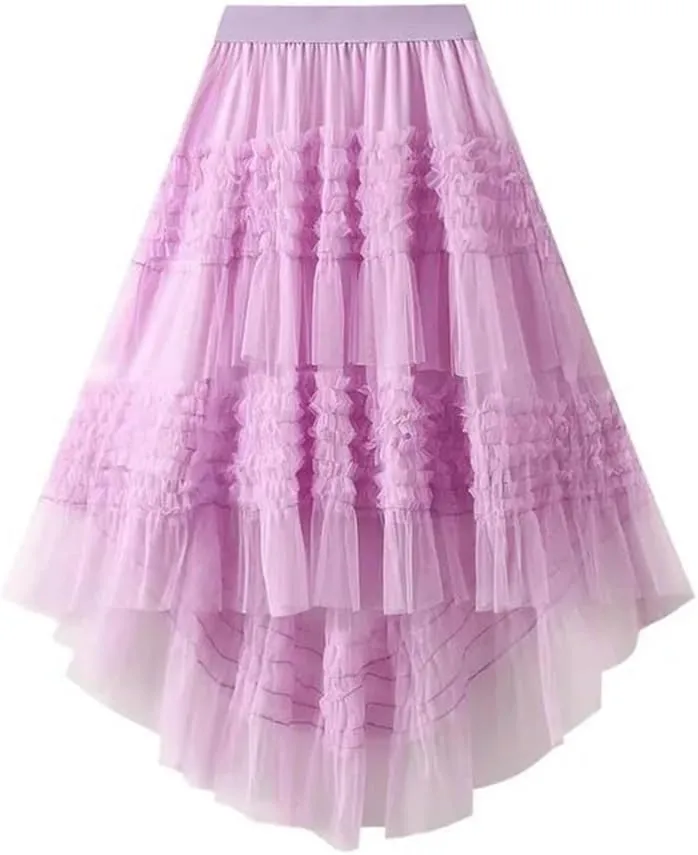 Women's Patchwork Mesh Skirt Elastic High Waist Solid Color Irregular Mesh Pleated Midi Skirts