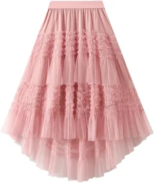 Women's Patchwork Mesh Skirt Elastic High Waist Solid Color Irregular Mesh Pleated Midi Skirts