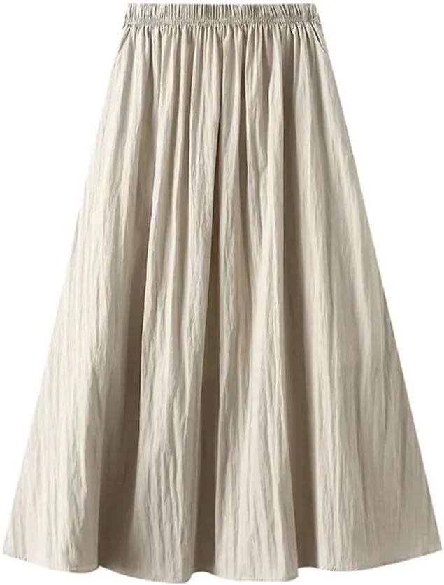 Women's Pleated Half Solid Color Skirt High Waisted Retro Drape Mid Length A-Line Knee-Length Skirt
