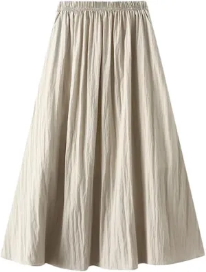 Women's Pleated Half Solid Color Skirt High Waisted Retro Drape Mid Length A-Line Knee-Length Skirt