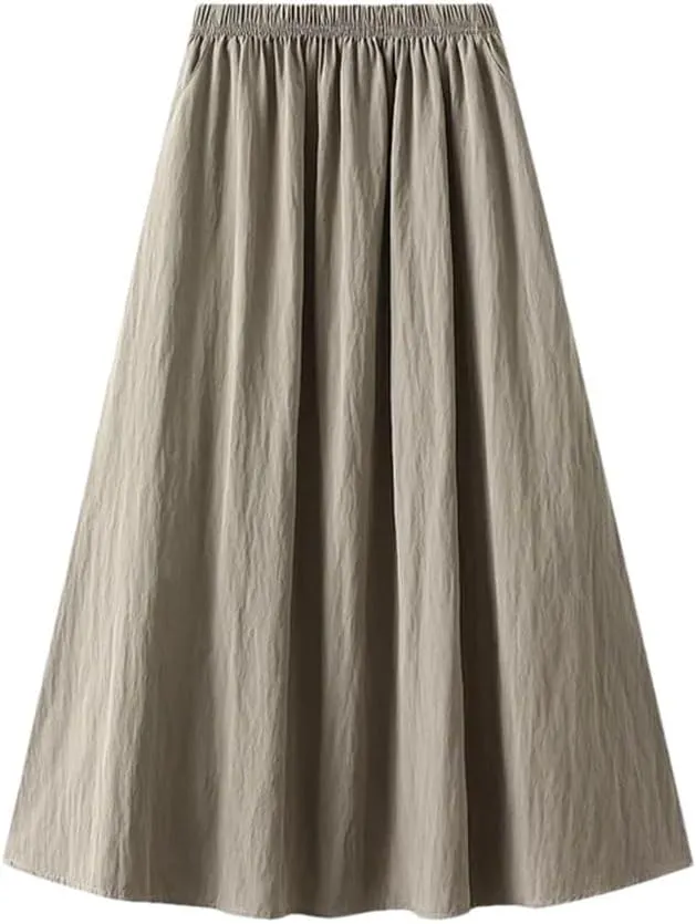 Women's Pleated Half Solid Color Skirt High Waisted Retro Drape Mid Length A-Line Knee-Length Skirt