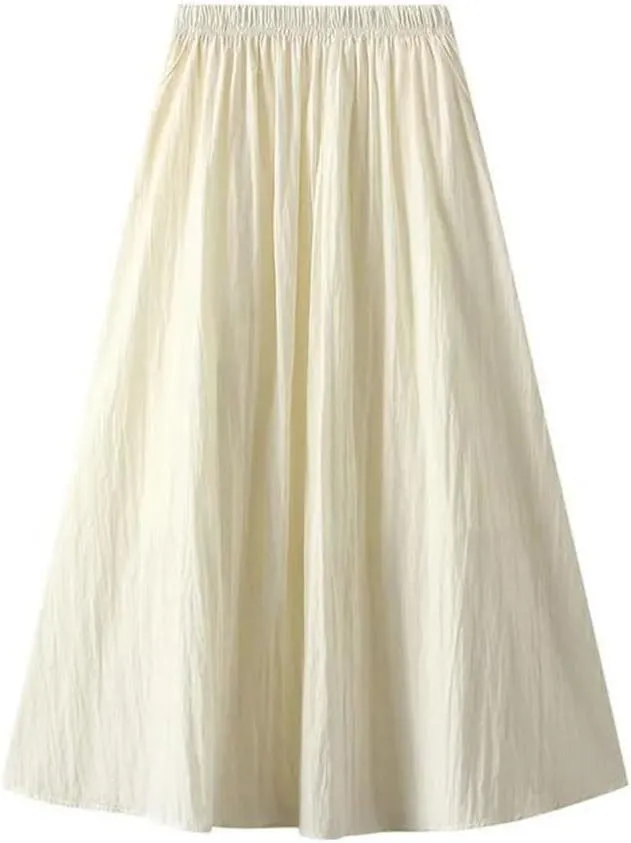 Women's Pleated Half Solid Color Skirt High Waisted Retro Drape Mid Length A-Line Knee-Length Skirt