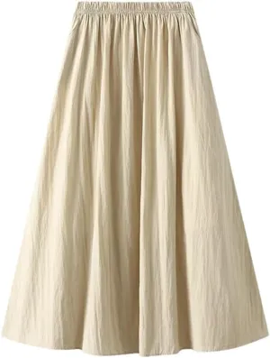 Women's Pleated Half Solid Color Skirt High Waisted Retro Drape Mid Length A-Line Knee-Length Skirt