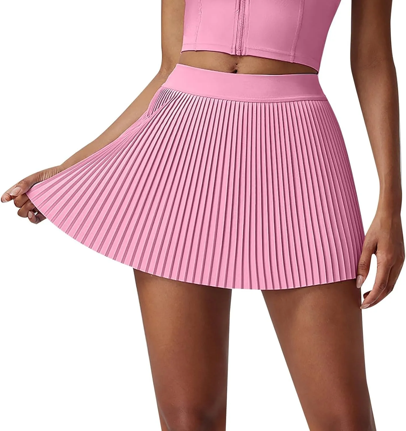Women's Pleated Tennis Mini Skirt with Pockets High Waisted Elastic Casual Skorts Athletic Stretchy A-line Skirt Inner Shorts