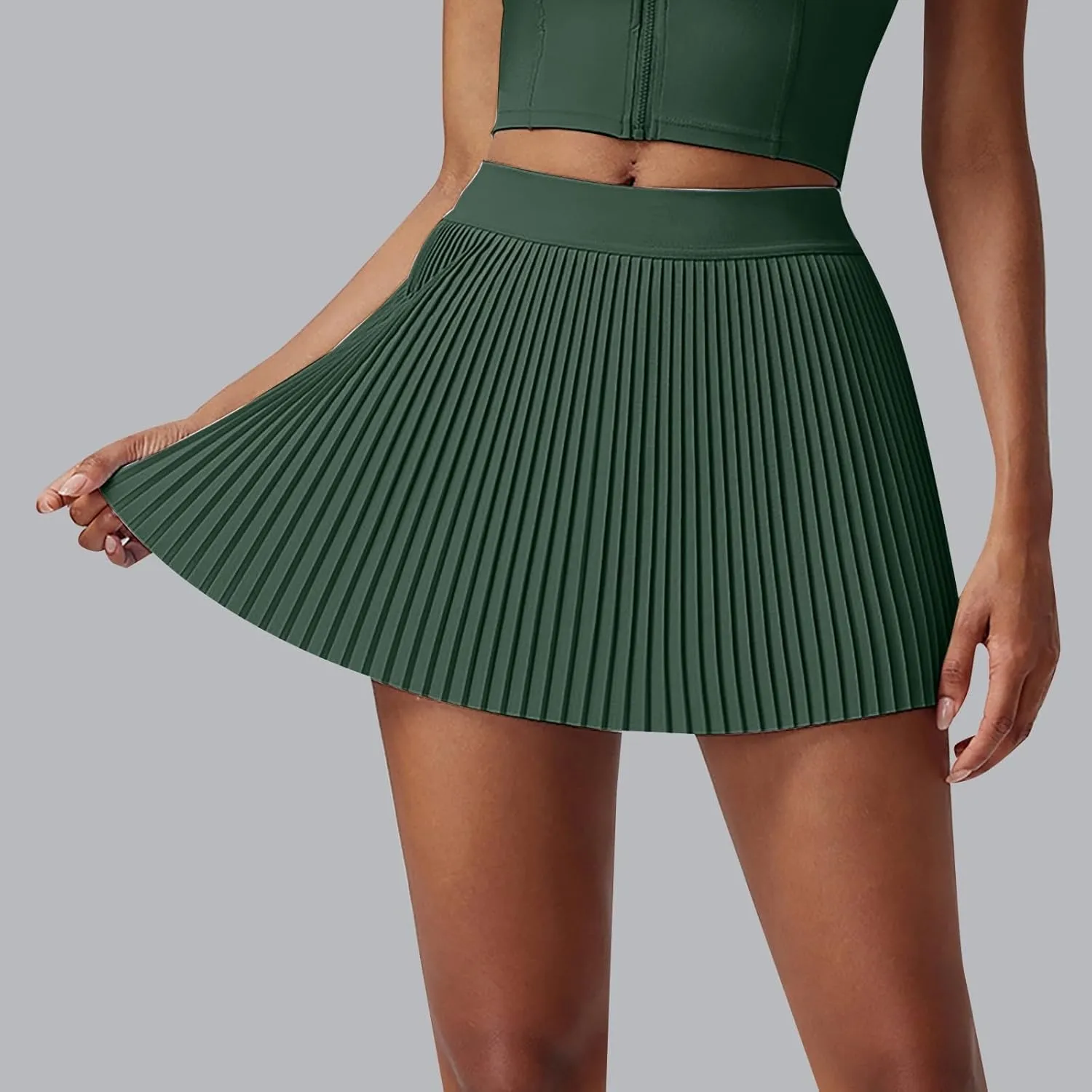 Women's Pleated Tennis Mini Skirt with Pockets High Waisted Elastic Casual Skorts Athletic Stretchy A-line Skirt Inner Shorts