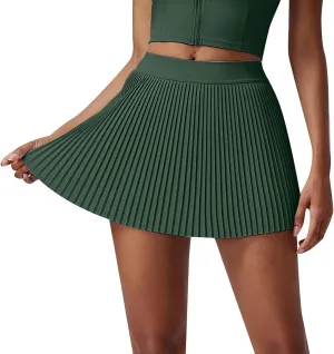 Women's Pleated Tennis Mini Skirt with Pockets High Waisted Elastic Casual Skorts Athletic Stretchy A-line Skirt Inner Shorts