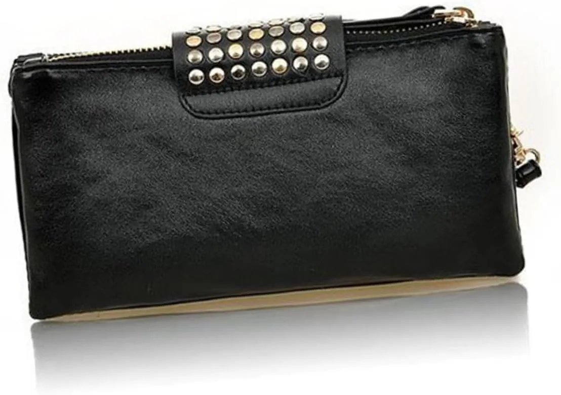 Women's Pu Leather Handbag Clutch Rivet Detail Magnetic Closure Compact Evening Bag Black
