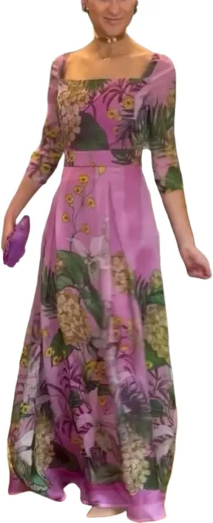 Women's Purple Floral Print Maxi Dress 2025 Spring Elegant Square Neck 3/4 Sleeve Flowy A-Line Wedding Guest Dresses