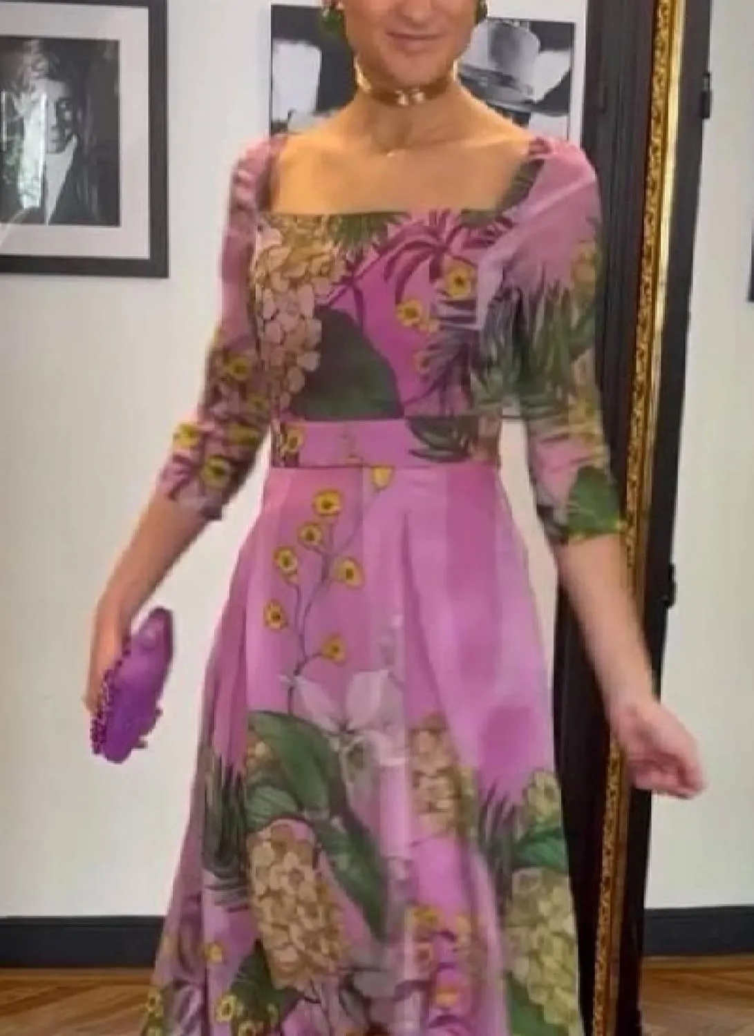 Women's Purple Floral Print Maxi Dress 2025 Spring Elegant Square Neck 3/4 Sleeve Flowy A-Line Wedding Guest Dresses