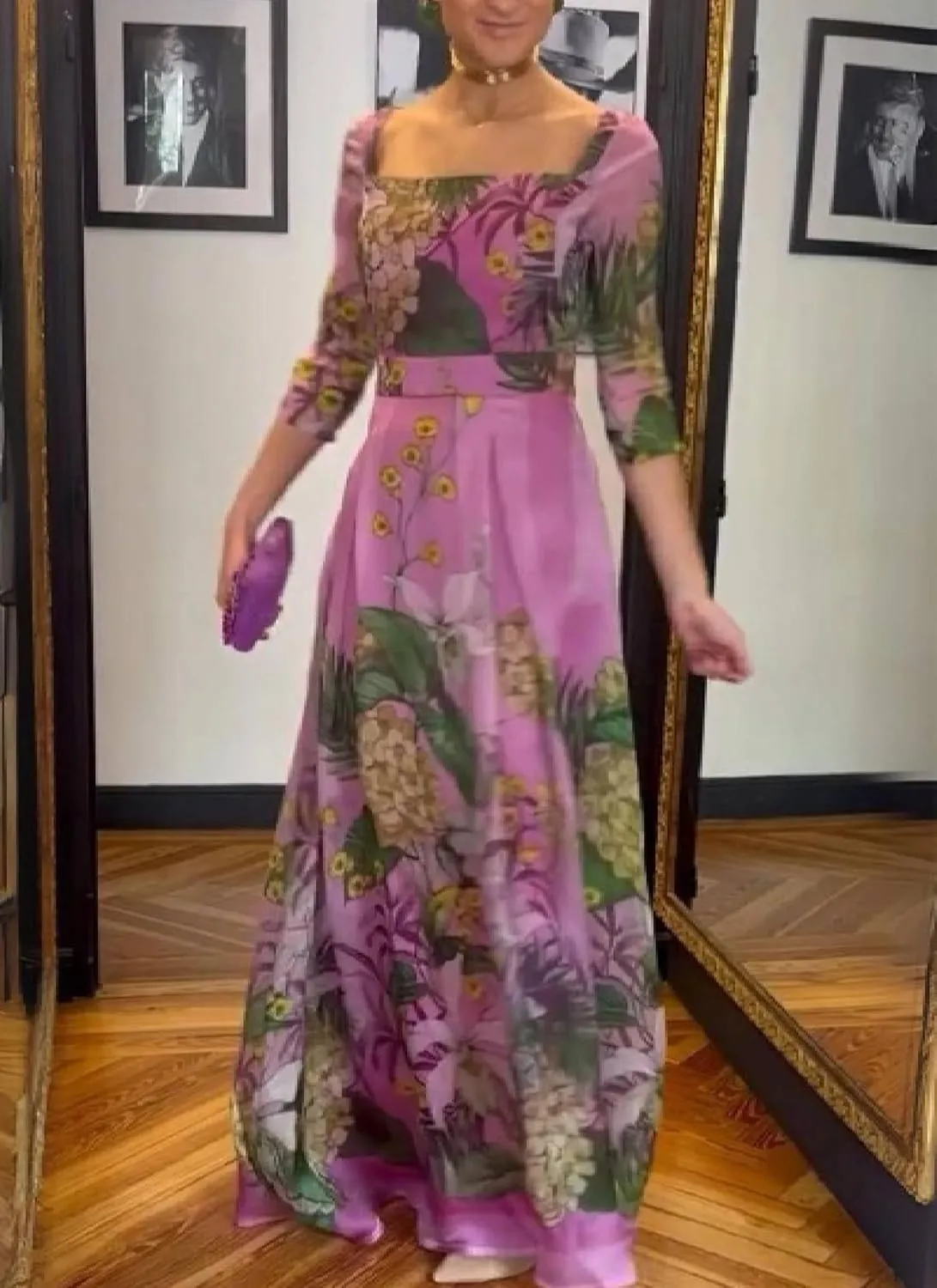 Women's Purple Floral Print Maxi Dress 2025 Spring Elegant Square Neck 3/4 Sleeve Flowy A-Line Wedding Guest Dresses
