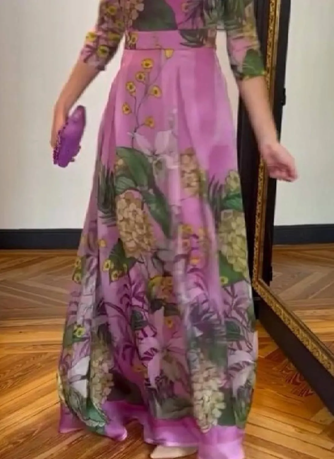 Women's Purple Floral Print Maxi Dress 2025 Spring Elegant Square Neck 3/4 Sleeve Flowy A-Line Wedding Guest Dresses