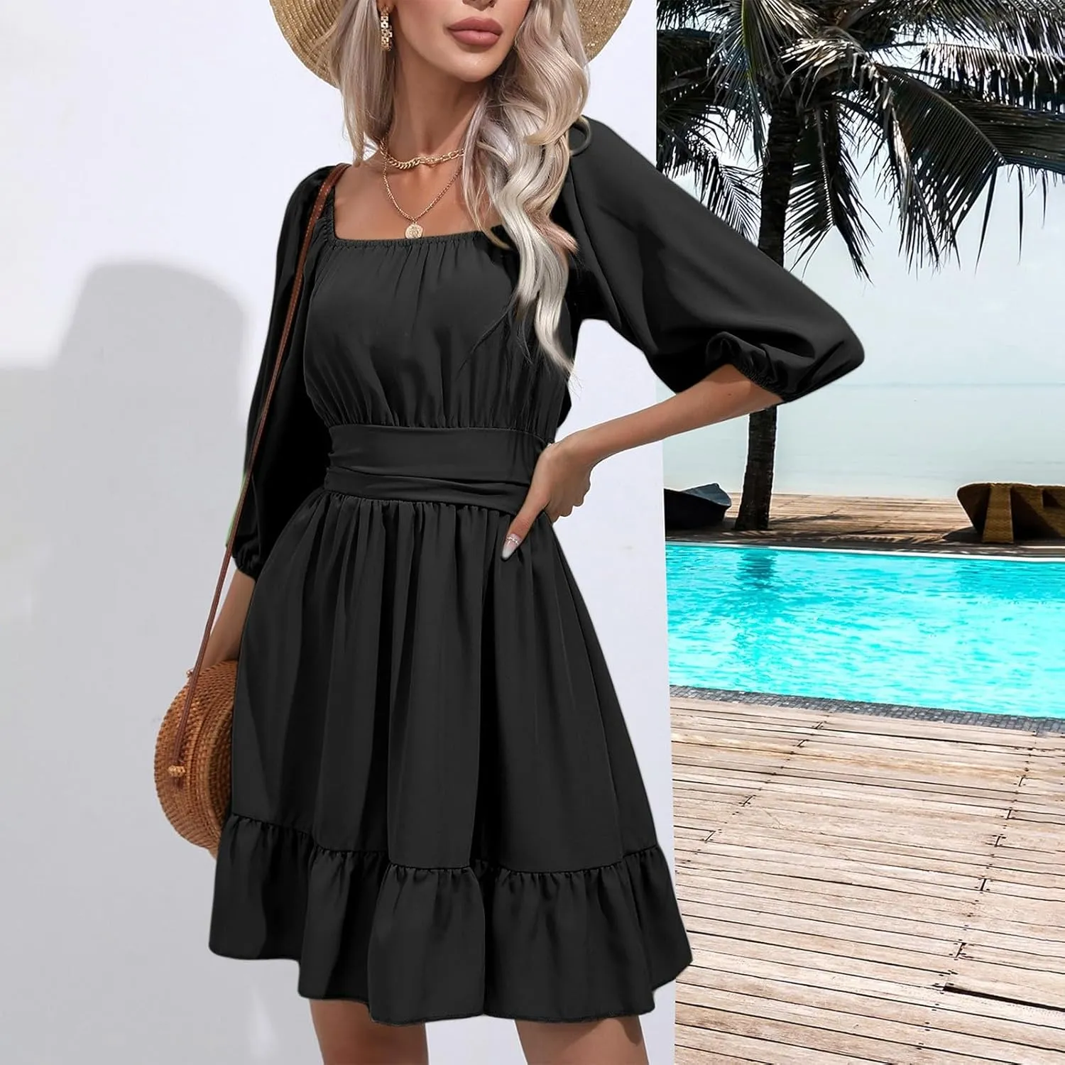 Women's Ruffle Mini Dress Square Neck Long Sleeve Party Dress Cute Wedding Guest Dress