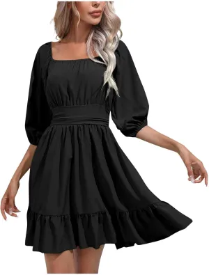 Women's Ruffle Mini Dress Square Neck Long Sleeve Party Dress Cute Wedding Guest Dress