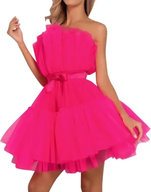Womens Strapless Mesh Elegant Bowknot Tutu Skirt Dress Off Shoulder Wedding Pleated Mesh Party Mini Dress