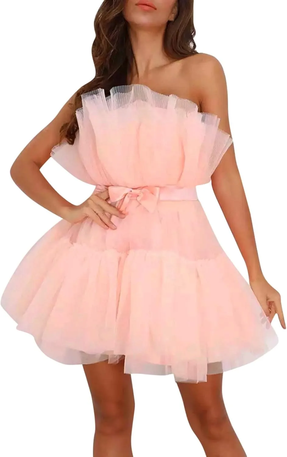 Womens Strapless Mesh Elegant Bowknot Tutu Skirt Dress Off Shoulder Wedding Pleated Mesh Party Mini Dress
