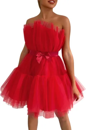 Womens Strapless Mesh Elegant Bowknot Tutu Skirt Dress Off Shoulder Wedding Pleated Mesh Party Mini Dress
