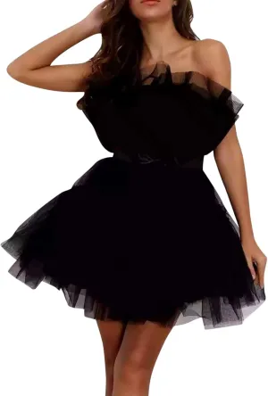 Womens Strapless Mesh Elegant Bowknot Tutu Skirt Dress Off Shoulder Wedding Pleated Mesh Party Mini Dress
