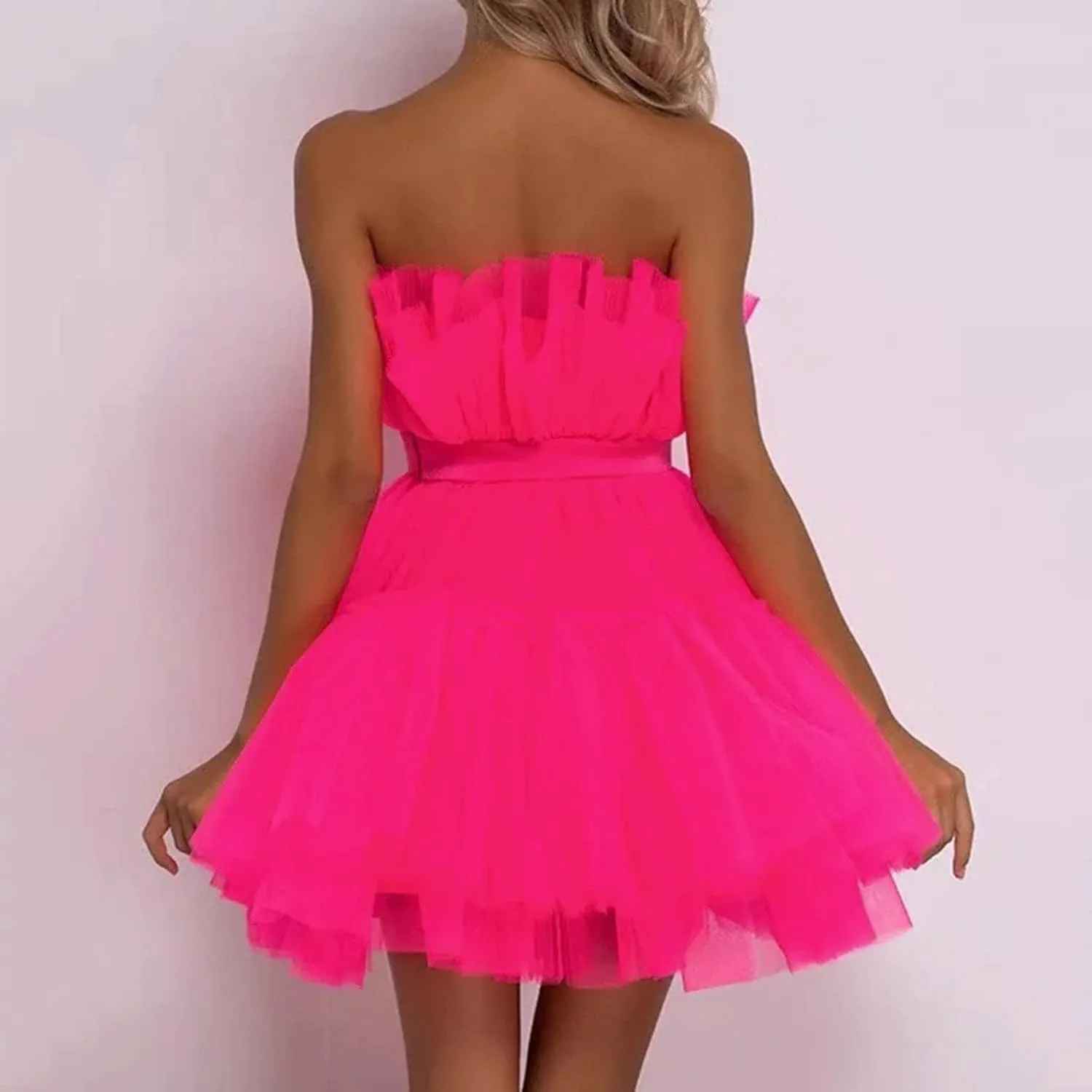 Womens Strapless Mesh Elegant Bowknot Tutu Skirt Dress Off Shoulder Wedding Pleated Mesh Party Mini Dress