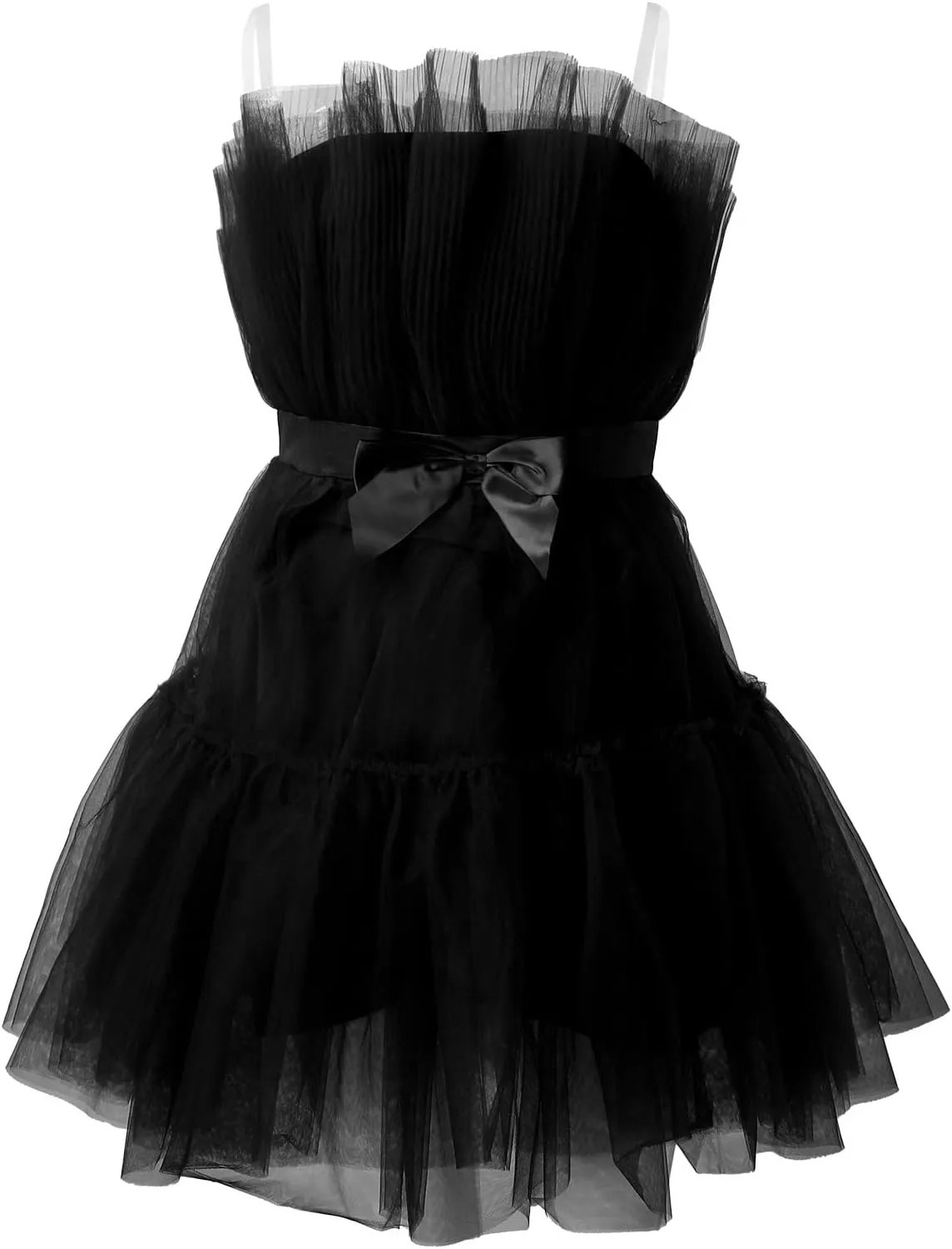 Womens Strapless Mesh Elegant Bowknot Tutu Skirt Dress Off Shoulder Wedding Pleated Mesh Party Mini Dress