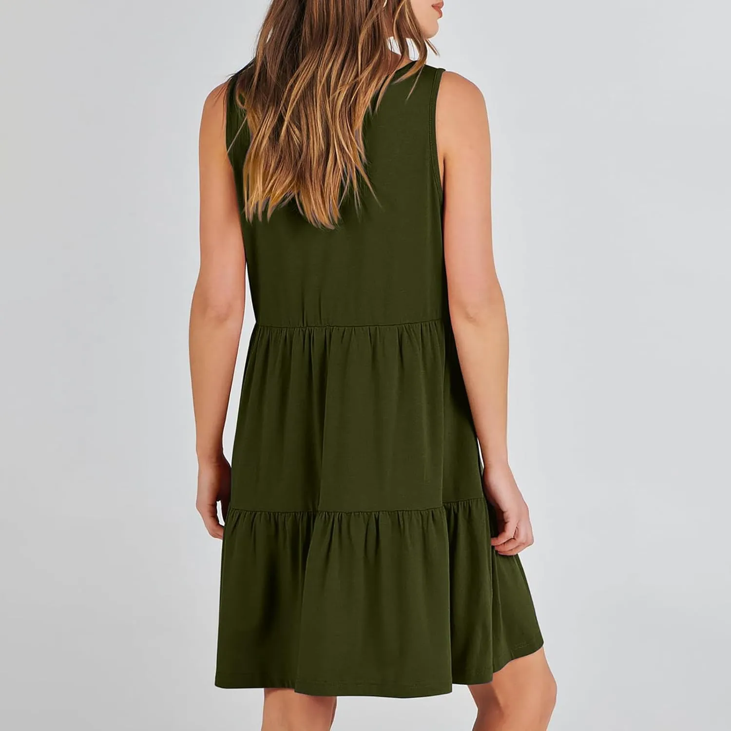 Womens Summer Dresses 2024 Sleeveless Smocked High Waist Ruffle Tiered Casual Swing Mini Dress Trendy Solid Sundress