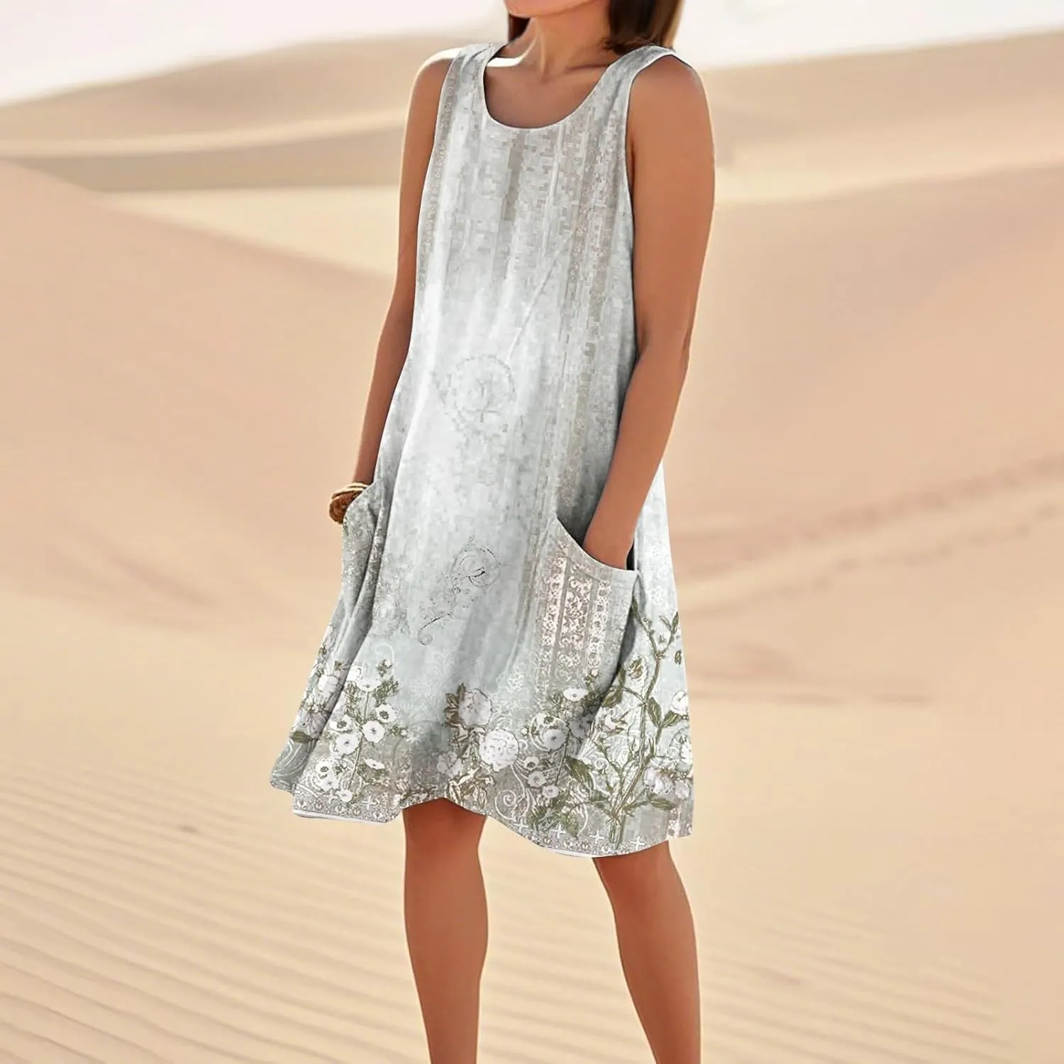 Women's Summer Dresses Sleeveless Round Neck Knee Length Dress Trendy Boho Floral Printed Beach Party Sundresses