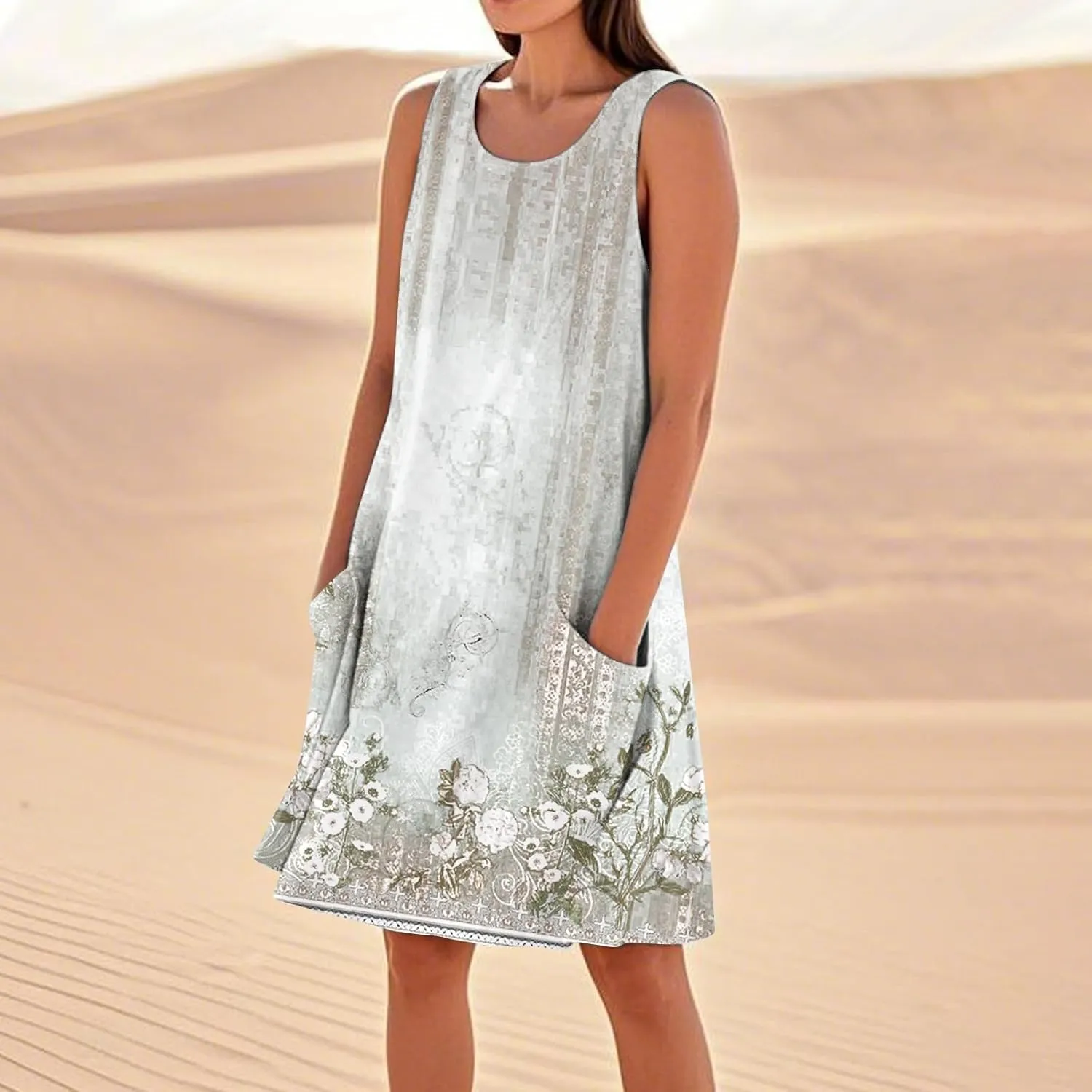 Women's Summer Dresses Sleeveless Round Neck Knee Length Dress Trendy Boho Floral Printed Beach Party Sundresses