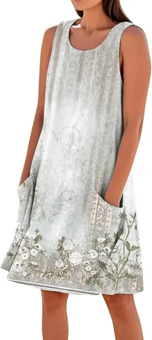 Women's Summer Dresses Sleeveless Round Neck Knee Length Dress Trendy Boho Floral Printed Beach Party Sundresses