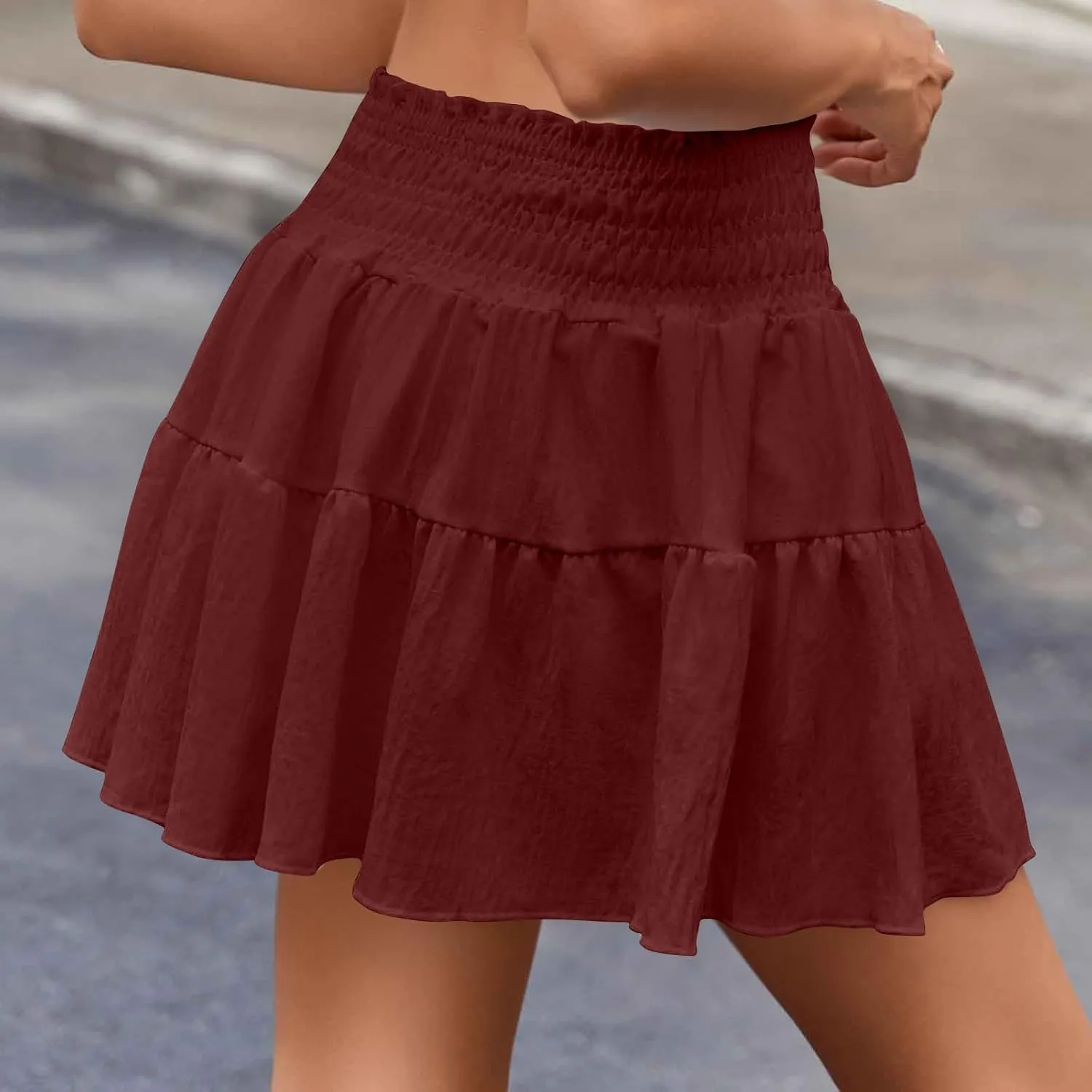 Womens Summer Skirts High Waisted Ruffle Mini Skirt Flowy A Line Skirt Pleated Elastic Waist Skirts Vacation Clothes