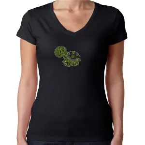 Womens T-Shirt Rhinestone Bling Black Fitted Tee Green Cute Turtle Sparkle