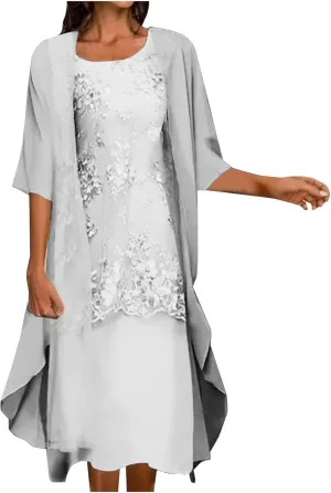 Womens Two-Piece Set Floral Embroidered Midi Dress with Chiffon Cardigan Sleeveless Plus Size Wedding Guest Dresses