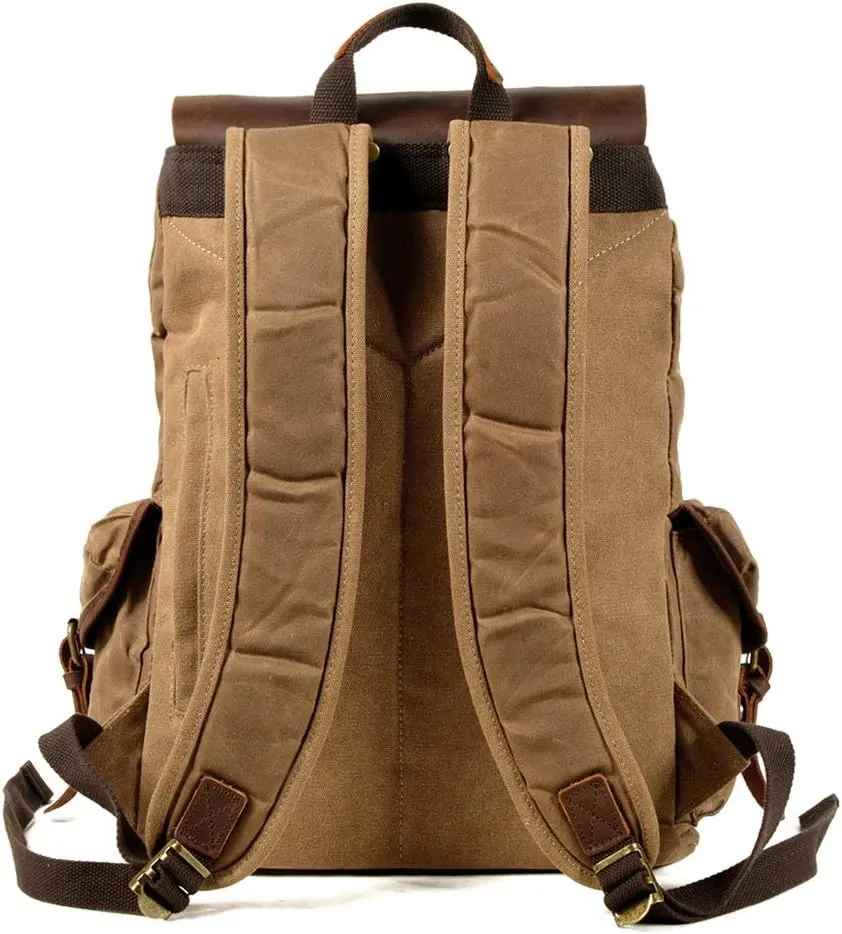WUDON Leather Backpack for Men, Waxed Canvas Shoulder Rucksack Carry-On Travel Backpack