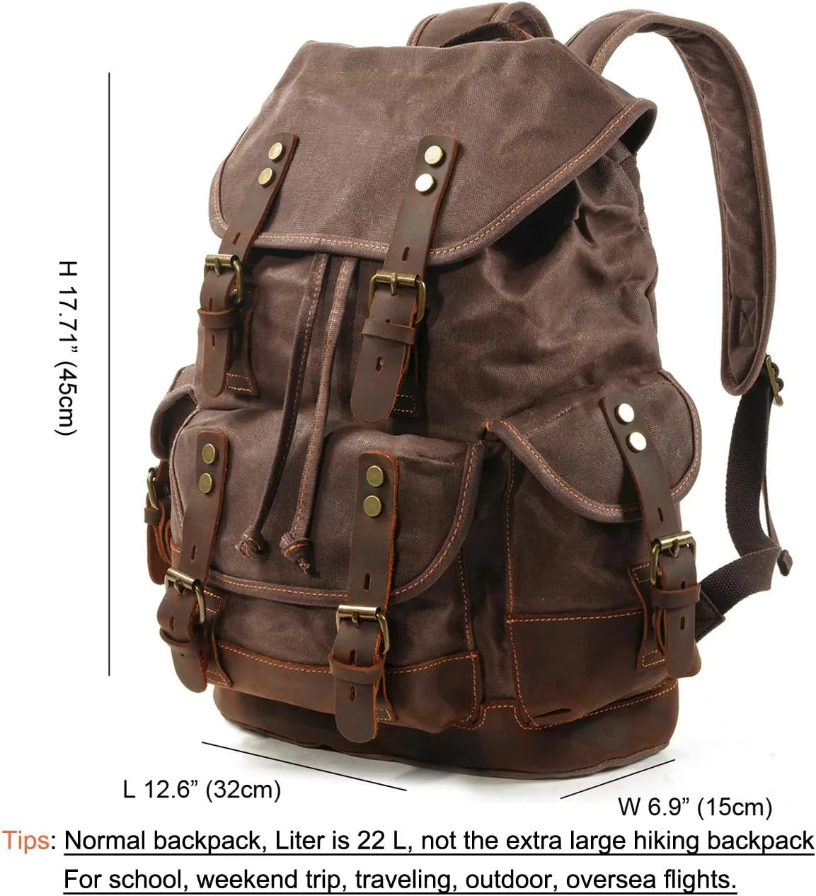 WUDON Men Travel Backpack, Genuine Leather-Waxed Canvas Shoulder Hiking Rucksack