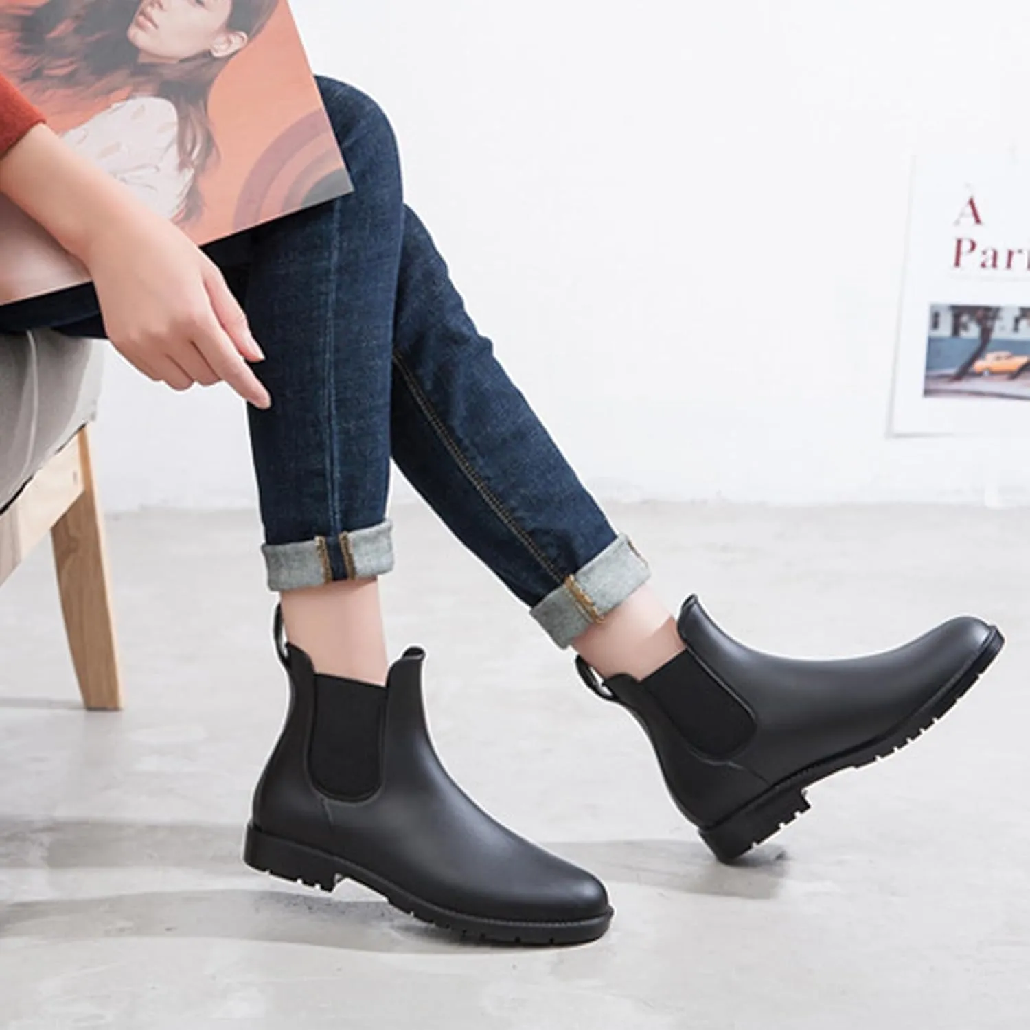 WUIWUIYU Womens Chelsea Wellington Boots Ankle Wellie Rain Boot Water Garden Slip-on Galoshes Work Shoes