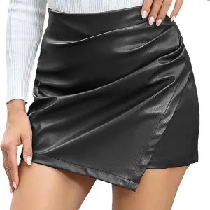 XOWRTE Faux Leather Skorts for Woman Casual High Waisted PU Leather Shorts Ruched Wrap Skorts Mid Length Skirts