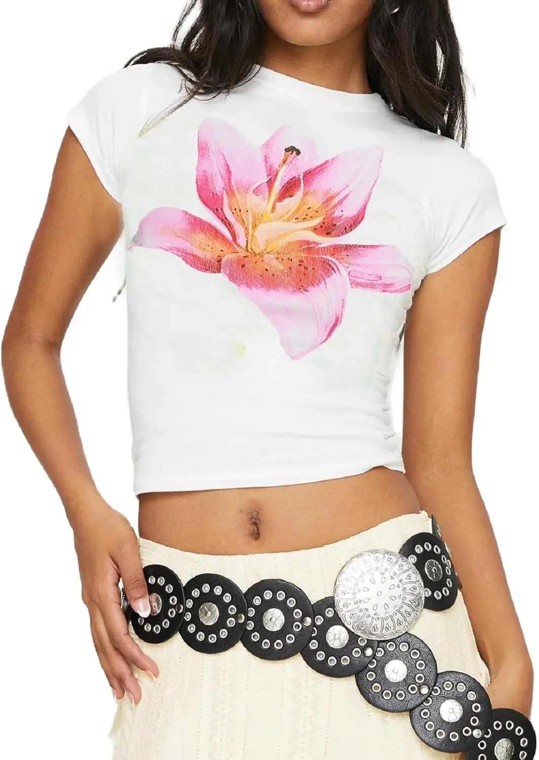 Y2k Baby Tees for Women Short Sleeve Graphic Crop Tops E Girls Cute Flower Print Vintage Aesthetic Shirts