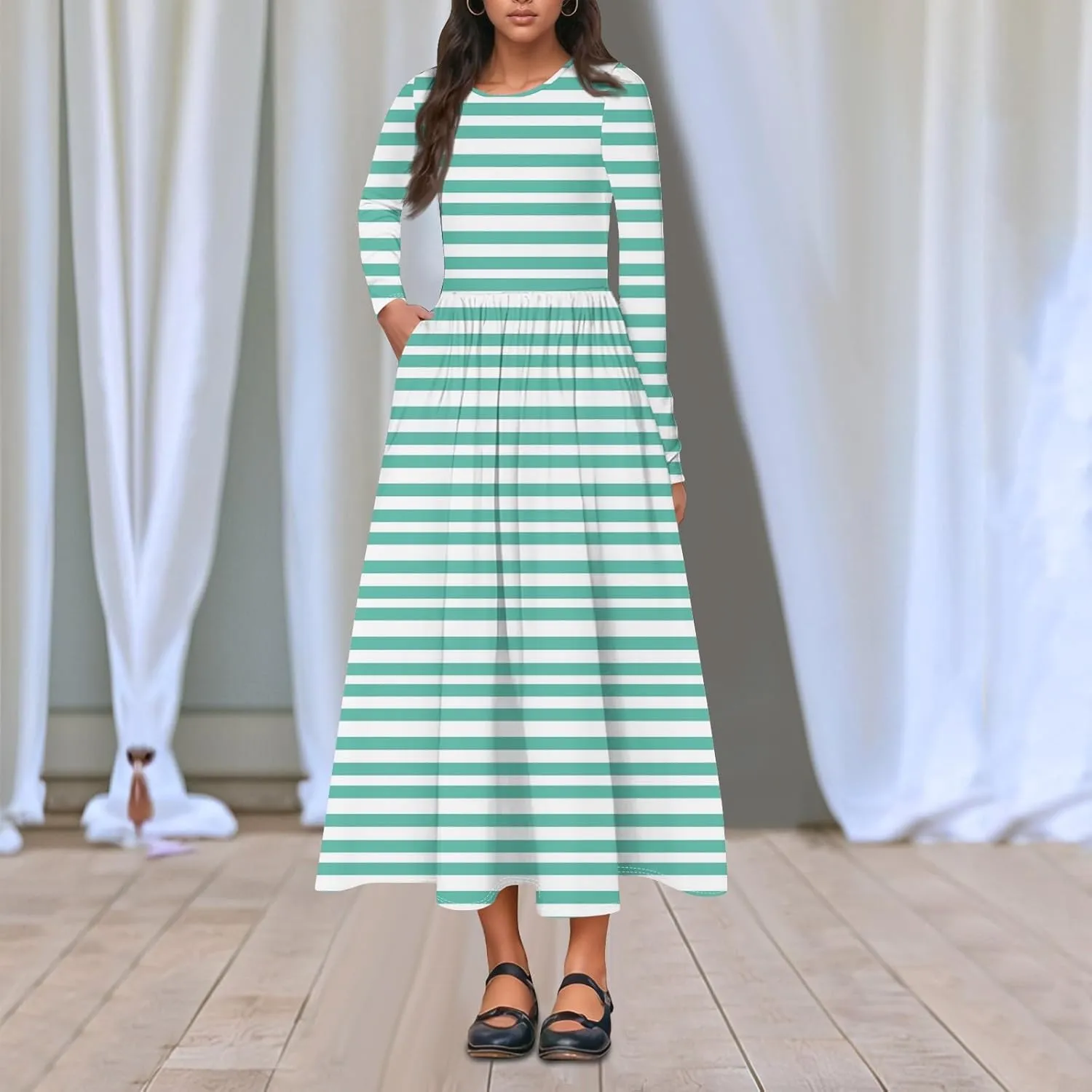 ZEFOTIM Long Sleeve Dress for Women Floral Graphic Dresses with Pockets Long Dresses Crewneck Dress Summer Spring Dress
