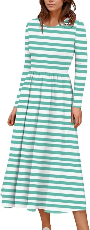 ZEFOTIM Long Sleeve Dress for Women Floral Graphic Dresses with Pockets Long Dresses Crewneck Dress Summer Spring Dress
